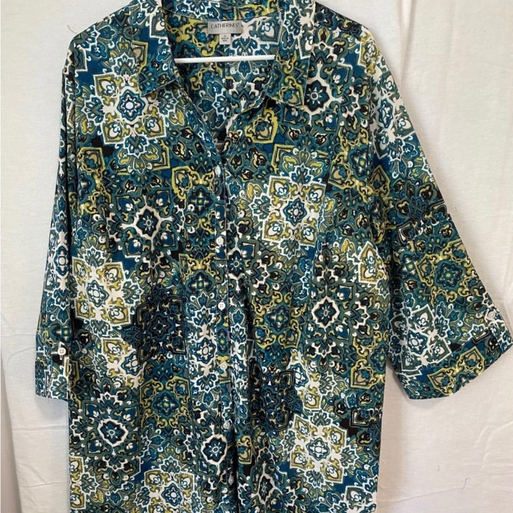 Catherines Teal, Olive & White Geometric Tile Button-Up
